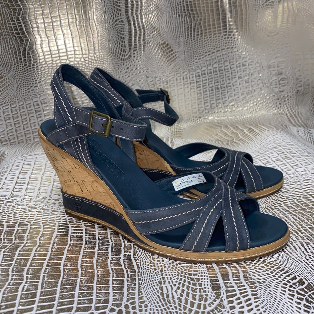 Timberland Blue Leather Wedge Sandals 8.5